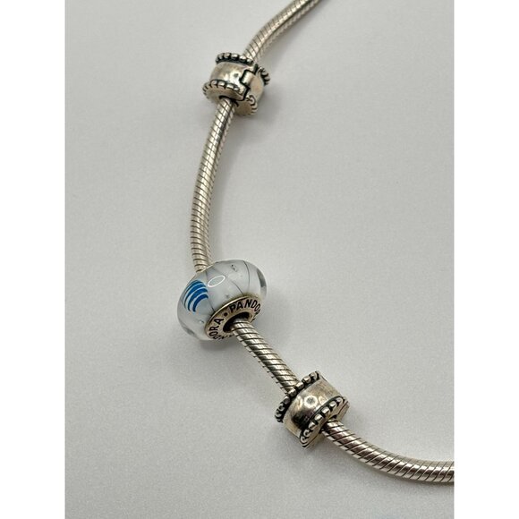 Pandora 925 Sterling Silver Charm Bracelet With Blue & White Glass - Picture 4 of 8
